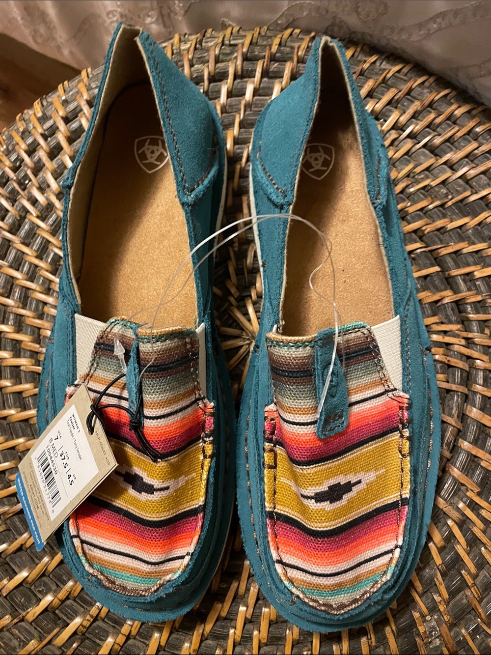 Ariat Teal Slip-On Shoes with Multicolor Southwestern Stripe